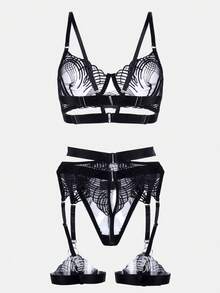 3件套女士性感欧美风薄纱网眼吊袜带套装 - 黑色 - 查看 2