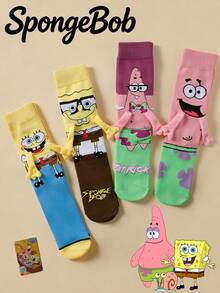SpongeBob SquarePants 1/2/4双装可爱卡通手牵手磁性情侣袜，适合情侣和闺蜜的同款袜子，韩版 - 彩色 - 查看 15
