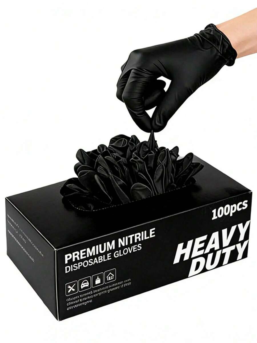 100只/包 一次性黑色丁腈手套，尺码S/M/L/XL可选。耐用家用清洁手套，适用于厨房、浴室、清洁、美容、染发和宠物护理（无包装盒）。