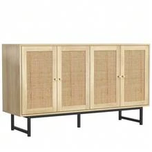 Sideboard Measuring 140x39.5x80 Cm With Authentic Rattan Fabric, 4 Doors. - Natural Color - View 10