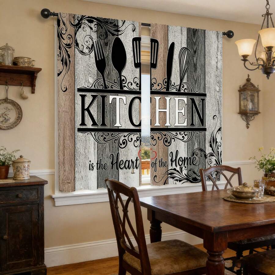 2 件装乡村复古厨房图案窗帘，家用纺织品窗户装饰，杆袋悬挂式，高清数码印花窗帘，涤纶材质，适用于卧室和客厅装饰，家居装饰窗帘。 - 彩色 - 查看 1