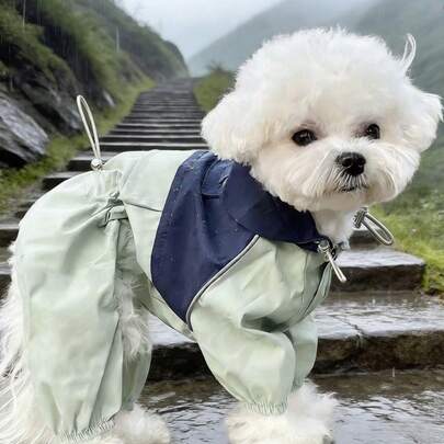 双色四脚狗狗雨衣，防水防风宠物雨衣，带反光条、可调节扣环和弹性袖口，小型犬（比熊犬、泰迪犬、贵宾犬）全覆盖雨披，户外雨天遛狗宠物服装，狗狗雨具必备