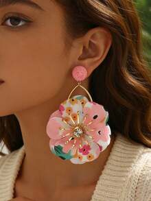 1 Pair Elegant Floral Double-Layer Earrings For Women, Lightweight Luxury Daisy Flower Earrings, Vintage Dopamine Floral Dangle Earrings, Perfect For Beach Holidays, Vacations, Daily Wear, Parties & All Casual Occasions - Hồng - Xem 8
