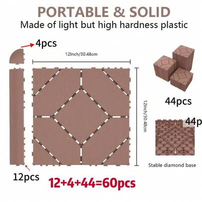 60-Piece Interlocking Courtyard Deck Tiles Set | 44 Main Tiles, 12 Edge Tiles, 4 Corner Tiles | 12-Inch Weather-Resistant Plastic Outdoor Flooring | Suitable For Garden, Balcony, Poolside  (Gloves Included)