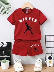 Baby Boys Character & Letter Print Short Sleeve T-Shirt And Shorts Casual Outfit - Red - View 2