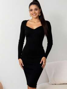 Women's Ribbed Knit Dress With Long Sleeves. - 黑色 - 查看 1