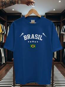 Unisex T-Shirt, Fan Style, Brazilian National Football Team, Stars, Short Sleeve, Men's/Women's, 100% Cotton, Casual, Crew Neck - Xanh đậm - Xem 1