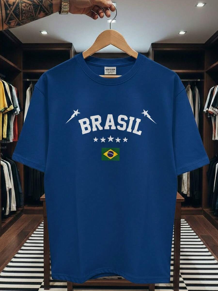 Unisex T-Shirt, Fan Style, Brazilian National Football Team, Stars, Short Sleeve, Men's/Women's, 100% Cotton, Casual, Crew Neck - Xanh đậm - Xem 1