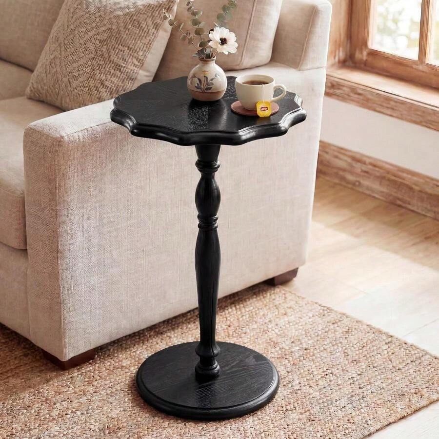 Small Side Table, ' Black Round Side Table, Drink Table Small Spaces, Modern Accent Nightstand Solid Wood Leg, Mid-Pedestal Sofa Table Classic Sculpted Design Living Room, Assembly - Black + a - View 1