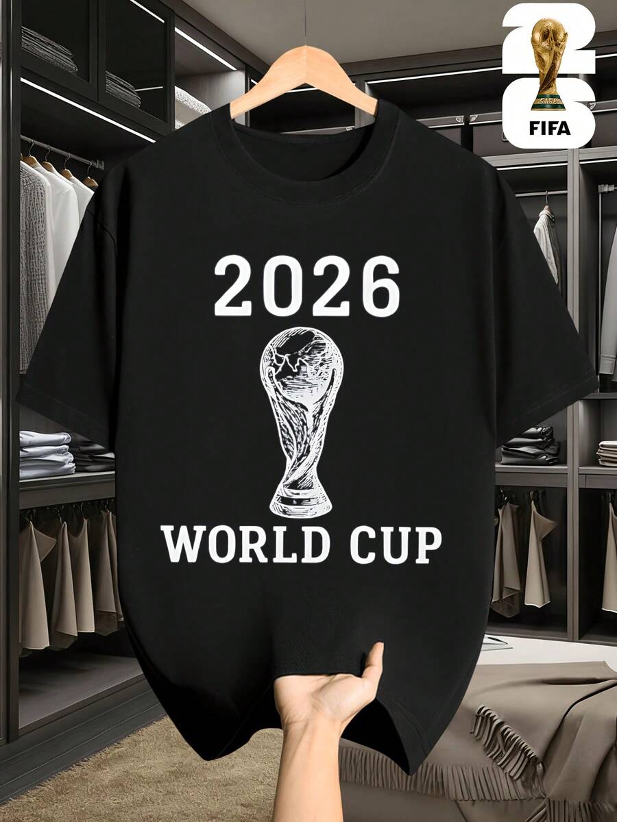Graphic Tees[FIFA World Cup Licensed]2026 USA-Canada-Mexico World Cup, FIFA Football Men's Basic Funny Printed Short Sleeve T-Shirt, Perfect For Summer Street Wear, Comfortable And Versatile, A Must-Have For Fans,  Outdoor Item, Available In Men's And Women's Couple Styles, Suitable As A Gift For Family Members.100% Cotton - 黑色 - 查看 1