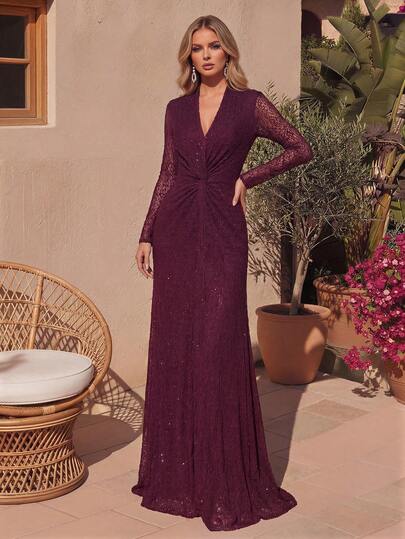 Women's Elegant Long Formal Dress, Deep V-Neck Long Sleeve, Twist Knit Fabric, Suitable For Gala