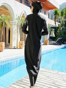 Women Modest Swimsuit Full Coverage Swimwear Islamic Hijab Swimming Burkini Swim Suit Solid Color Black Spring - Black - View 4