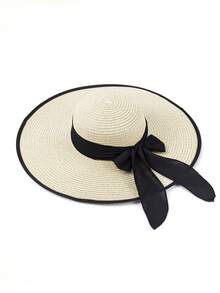 1 Pc Solid Color Casual Elegant Bohemian Straw Bow Wide Brim Round Top Sun Hat, UV Protection, Wind Proof, Decorative Strap, Fashionable, Versatile, Suitable For Commuting And Vacation, All Seasons - Round Straw Hat - View 23