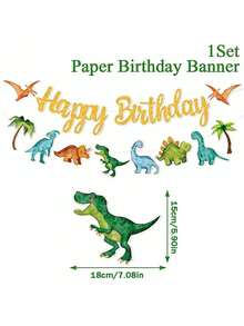 Watercolor Cartoon Dinosaur Birthday Decorations Ribbons, Gold Glitter "Happy Birthday" Banner With Tyrannosaurus Rex And Triceratops, Jurassic Theme Kids Boys Girls Baby Shower Party Decor - Dinosaur Theme - View 3