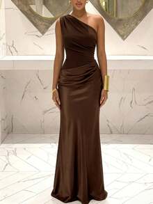 Coffee Brown One Shoulder Ruched Satin Mermaid Maxi Dress – Asymmetrical Bodycon Vintage Formal Evening Gown For Women Party Wedding Guest - 咖啡棕 - 查看 5