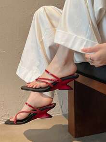 小众设计编织带镂空坡跟人字拖凉鞋 - 酒紅色 - 查看 4