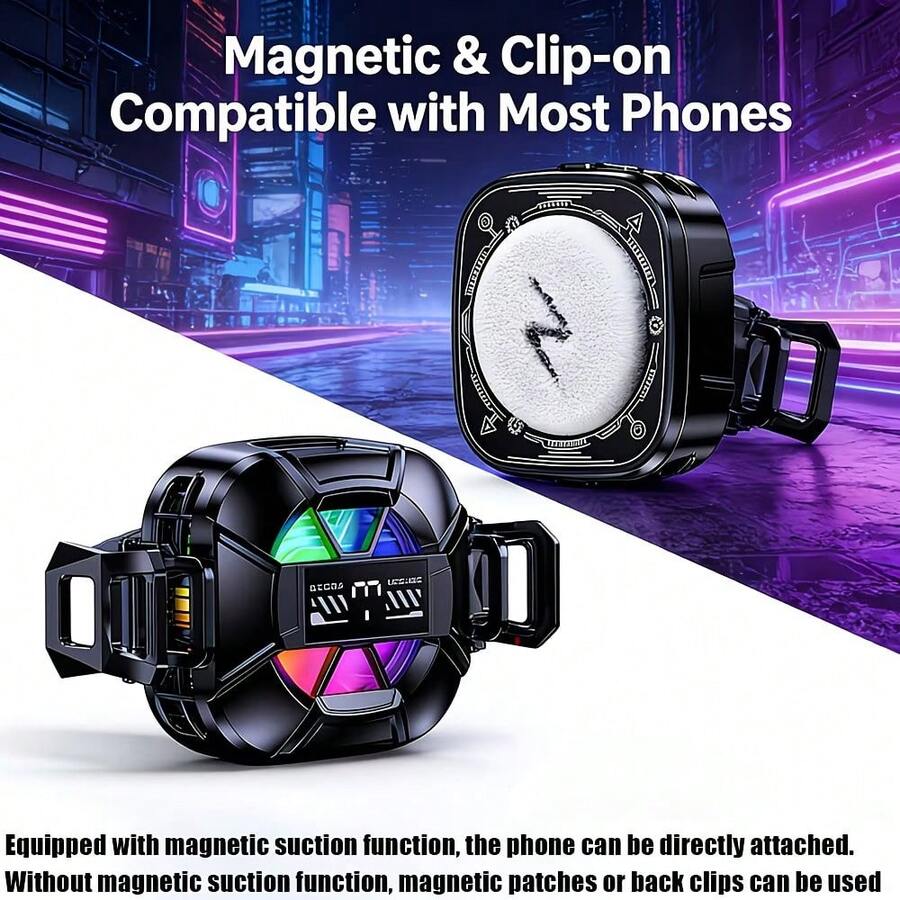 TL26 15W Magnetic Back Clip Cooling Fan Game Cooler, Three-Speed Adjustable, USB-C Interface, No Battery Required, Digital Display Screen, Adjustable Magnetic Base And Spring Clip, Compatible With Android And IOS Systems, With RGB Light Effect - Black - View 1