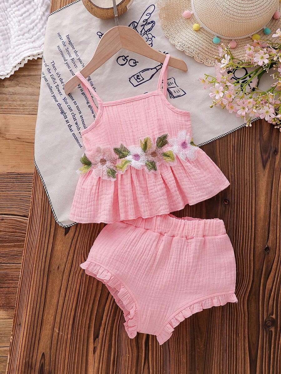 Conjunto de top de camisola con bordado floral vintage y parte inferior minimalista de triángulo, para verano - Rosa Pálido - Ver 1