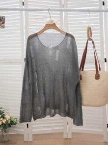 女士透视做旧露肩针织衫，柔软可爱朋克风必备单品，个性街头风长袖宽松镂空做旧细节灰色针织衫，灰色慵懒镂空针织衫，薄款宽松露肩毛衣，性感透视罩衫 - 灰色 - 查看 9