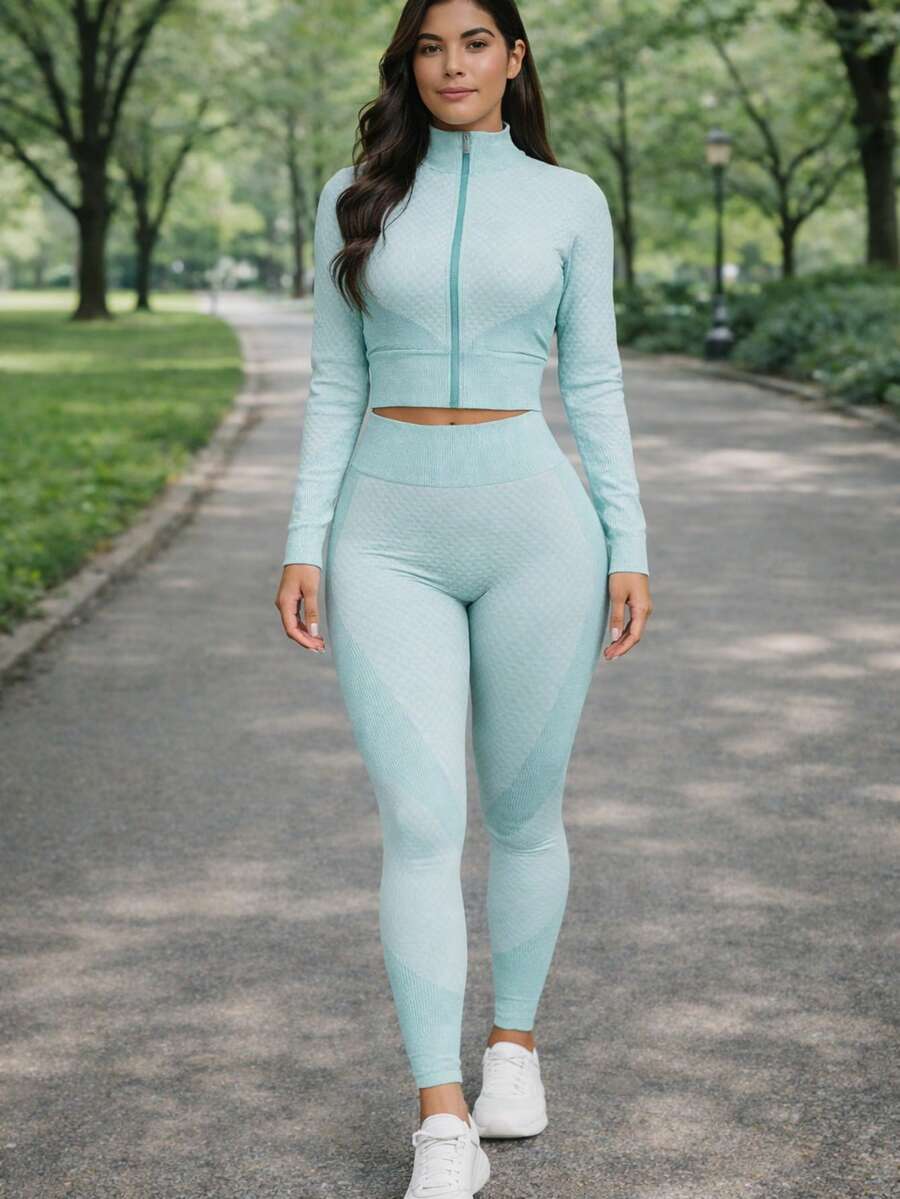 Choa Sport Conjunto deportivo de mujer de unicolor con sudadera de manga larga y pantalones largos, ajuste slim para gimnasio y entrenamiento, versátil y de moda - Azul menta - Ver 1
