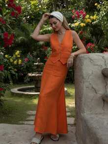 Damen Baumwolle Leinen V-Ausschnitt Lässig Urlaub Weste Top und Rock Set, Frühling/Sommer Outfit - Weste Top & ausgestellter Rock Lässig Set, Neues Frühling/Sommer Sexy V-Ausschnitt Elegantes Weste Top und Slim Fit Maxi Rock Set - Orange - Übersicht 5