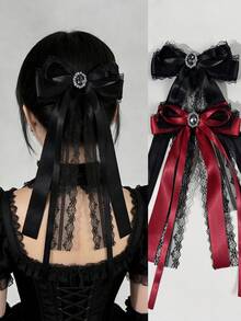 1 pieza Clip para el cabello con lazo de encaje negro & rojo estilo gótico lolita, con lazo de metal y strass, adecuado para uso diario, festivales, fiestas, compras, viajes, fotografía y cualquier ocasión. Un gran regalo para mejores amigas, fiestas, cumpleaños, pinzas de garra, clip para el cabello - Multicolor - Ver 1