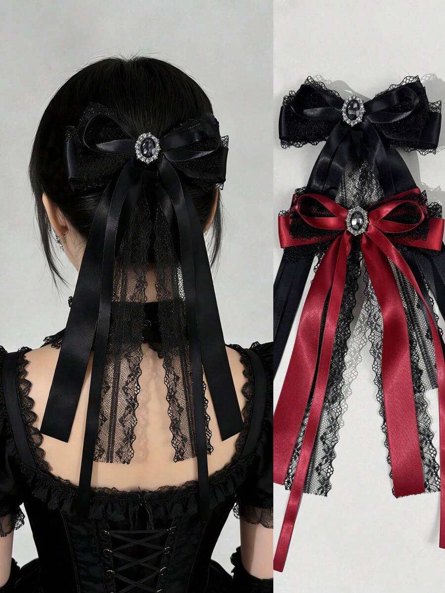1 pieza Clip para el cabello con lazo de encaje negro & rojo estilo gótico lolita, con lazo de metal y strass, adecuado para uso diario, festivales, fiestas, compras, viajes, fotografía y cualquier ocasión. Un gran regalo para mejores amigas, fiestas, cumpleaños, pinzas de garra, clip para el cabello - Multicolor - Ver 1