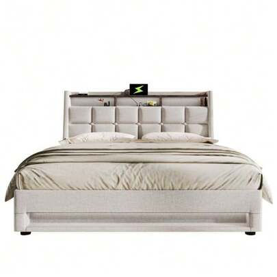 (=AB20122930G) Upholstered Bed With USB Port 180x200cm, Double Bed With LED Lighting, Metal Slatted Base, Linen Bed Frame, Children's Bed (Mattress Not Included)