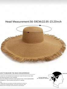 1顶女士户外宽檐沙滩遮阳帽，编织毛边草帽，波西米亚风沙滩帽，夏季 - 多色 - 查看 7