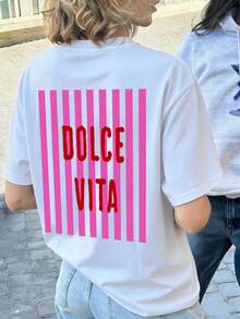 1件女士夏季圆领短袖T恤，竖条纹“DOLCE VITA”印花，休闲白色 - 白色 - 查看 6