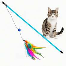 1支猫逗猫棒，带铃铛，仿人造纤维羽毛，猫玩具，猫咪互动游戏，趣味猫咪配件，轻巧设计，宠物专用材质，柔软羽毛，逗猫棒，猫主人，宠物爱好者 - 彩色 - 查看 6