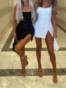 Women's Sequin Square Neck Bodycon Mini Dress - Side Slit Sleeveless Summer Party Club Dress - White - View 5