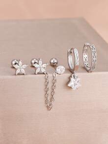 4PCS Stainless Steel Zirconia Flower Star Hoop Earrings Set Cartilage Piercing Ear Stud Sway Chain Earring Women's Jewelry Gift - 1-silver-4PCS - View 1