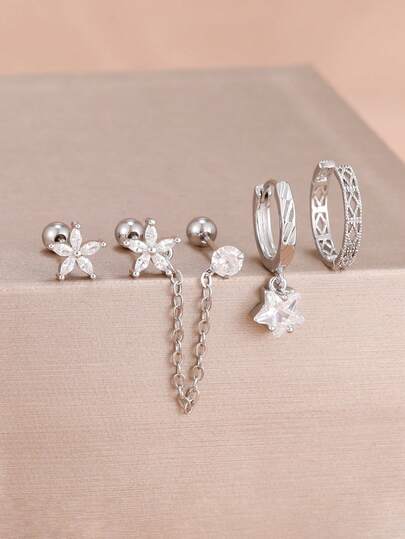 4PCS Stainless Steel Zirconia Flower Star Hoop Earrings Set Cartilage Piercing Ear Stud Sway Chain Earring Women's Jewelry Gift