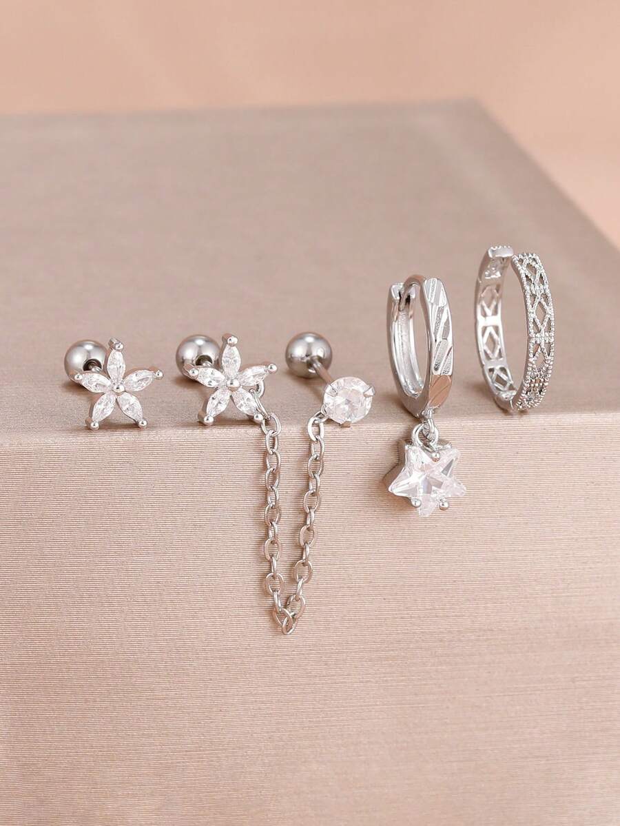 4PCS Stainless Steel Zirconia Flower Star Hoop Earrings Set Cartilage Piercing Ear Stud Sway Chain Earring Women's Jewelry Gift - 1-silver-4PCS - View 1