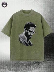 2026 Summer TopsWashed, Malcolm X Black And White Portrait Pattern Printed T-Shirt, Spring And Summer Casual Men's T-Shirt, Round Neck Cotton Short-Sleeved T-Shirt, Thanksgiving Christmas Gift.Loose And Comfortableshirts Women's  Vintage Washed Short Sleeve Crew Neck T-Shirt Loose Comfortable Breathable Top - 軍綠色 - 查看 7