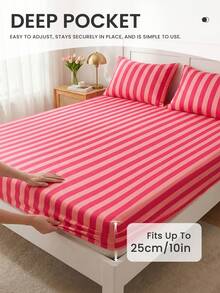 1件粉色条纹床笠，适用于9英寸厚床垫，柔软防皱，透气舒适，适合所有床型，是居家卧室和学生宿舍的必备单品，卧室装饰，床上用品，蓬松床品套装，女士礼物，适合标准双人床/加大双人床，不含枕头和枕套，可机洗 - 彩色 - 查看 5