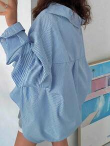 Plus Size Women's Striped Button-Up Shirt, Long Dropped Shoulder Sleeve, Woven Fabric Spring - Blue - View 10