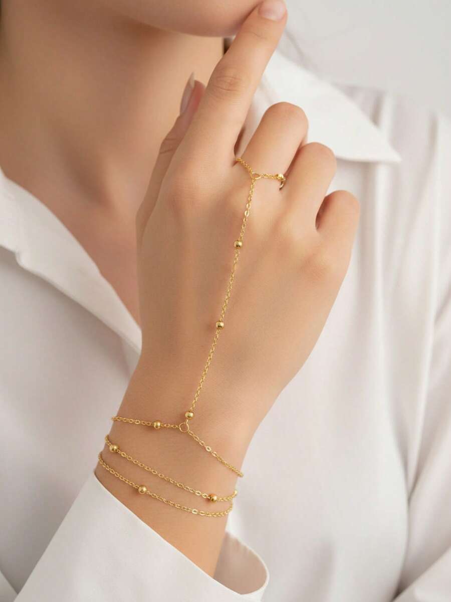 1pc European & American Style Multi-Layer Metal Ball Chain Linked Ring Bracelet, Unique Design, Suitable For Summer Beach Wear, Bead Quantity And Placement May Vary By Length - Yellow Gold - View 1