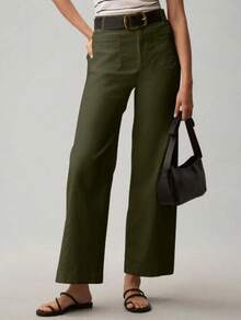 Women'S Summer Solid Color Straight Leg Casual High-Waisted Slim Wide Leg Suit Pants - 軍綠色 - 查看 7