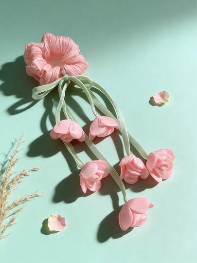 1pc Tulip Tassel Ribbon Flower Scrunchie, Elegant Chiffon Hair Tie Ponytail Holder, Suitable For Daily Use