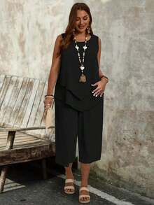 EMERY ROSE Plus Size Women Solid Color Round Neck Top And Wide Leg Pants Casual Daily Summer 2 Pieces Set Pant Suit Summer Sets Capri Sets Women Black Jumpsuit Women Elegant Vest And Pants Set Capri Jumpsuit Women Vacation Outfit Sets Women Elegant Outfits Black Sleeveless Top And Pants Set Classy Coords Outfit For Women Women 2 Piece Outfit Casual - 多色 2 - 查看 3