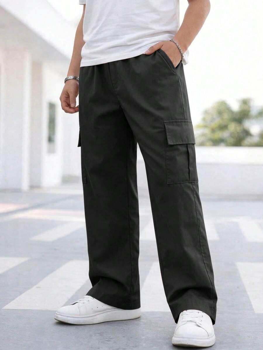 1 pieza Pantalones rectos con bolsillos para adolescentes/jóvenes, ropa de calle de moda y versátil para exteriores - Negro - Ver 1