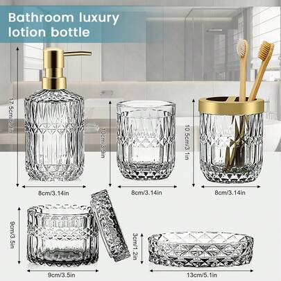 5 Piece Crystal Glass Bathroom Set Soap Dish Toothbrush Holder Lotion Dispenser Tumblers Vanity Organiser Modern Spa Style Storage Jars