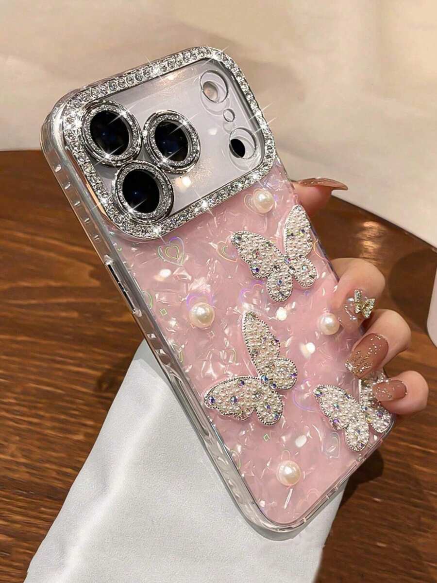 奢华水钻闪亮镜头保护膜 3D 可爱珍珠蝴蝶手机壳 兼容 17 Pro Max 17 Pro 17 Air 17 16 15 14 13 12 Pro Max 11 防震手机壳 可爱保护后盖 - 粉色 - 查看 1