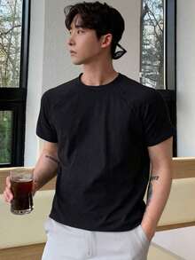 Men's Plain Cotton Raglan Sleeve T-Shirt - 黑色 - 查看 5