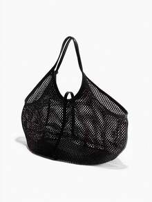 编织网状沙滩手提包，大容量，春夏新款休闲度假风单肩包，女士款 - 黑色 - 查看 4