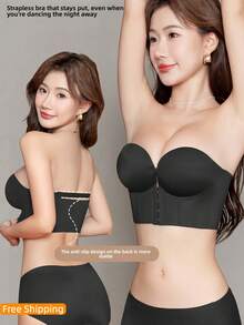 Women's Thick Padded Push Up Bra, Convertible Strapless Anti-Slip Seamless Bra, Supportive Lift Up Brassiere For Small To Medium Bust - màu đen - Xem 1