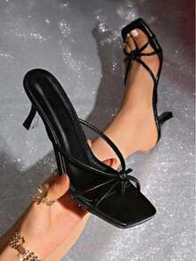 Geeyea Women's Square Toe Stiletto Heel Sandals; Open Toe Strappy Heels; Minimalist PU Leather Dress Shoes, Summer Vacation & Daily Wear - 黑色 - 查看 5