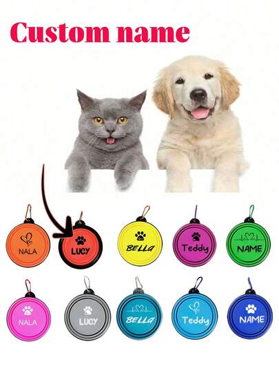 Personalized Pet Bowl - Foldable, Silicone Material, Hanging Design, Suitable For Walking Dogs And Feeding/Watering Pets - Best Gift For Pet Owners Who Take Their Pets Out. Available In Multiple Colors, Can Be Customized With Text And Patterns. Foldable Bowl Loved By Dogs And Cats